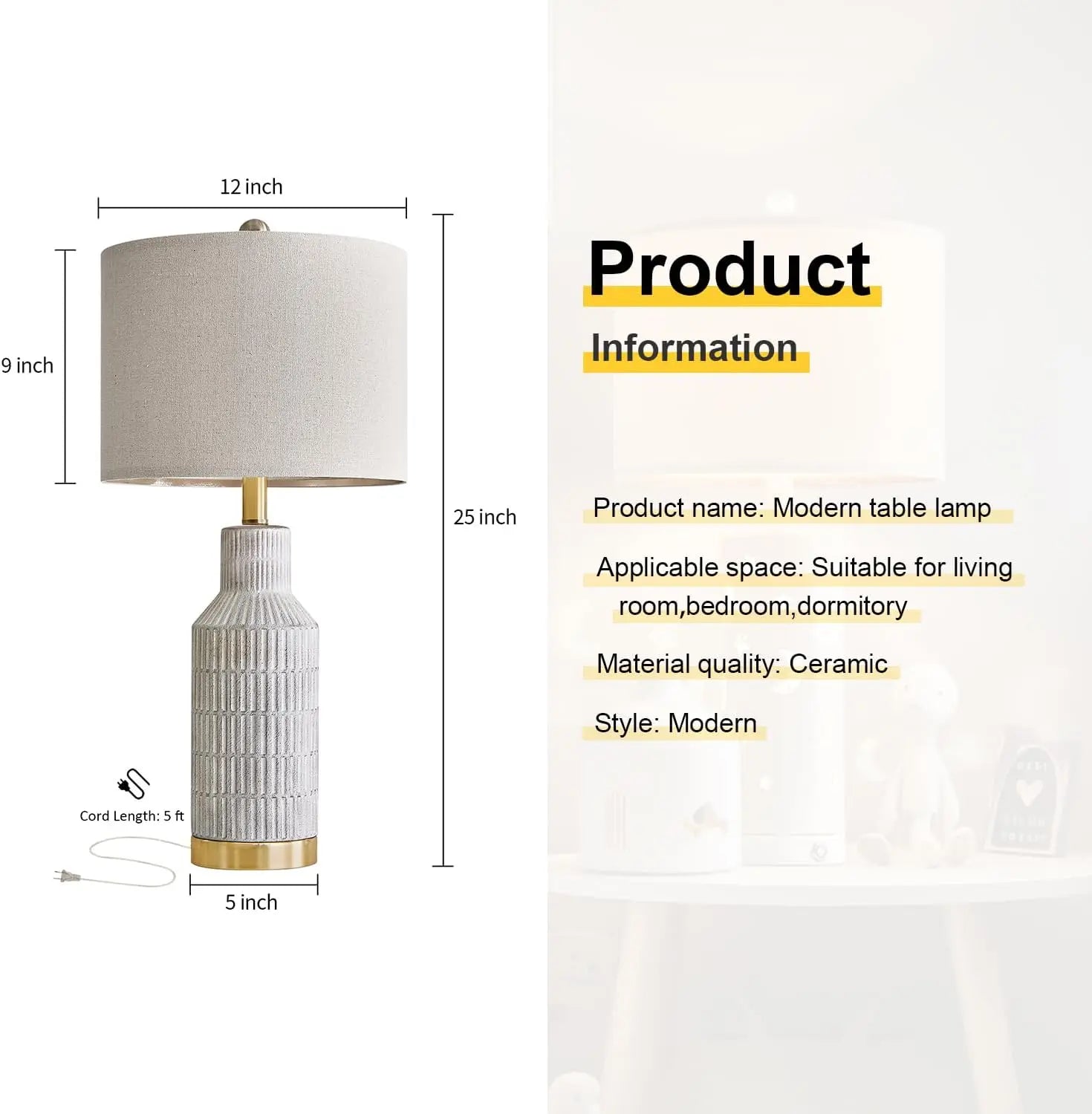 Modern Ceramic Table Lamps Set of 2 - White Washed Finish with Gold Base - 25" Height for Bedroom & Living Room