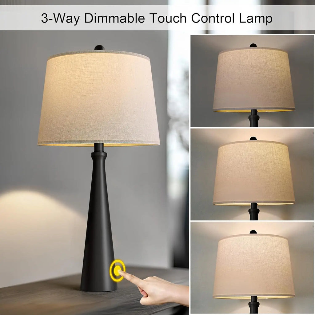 Set of 2 Modern Black Table Lamps with Dimmable Touch Control, USB Charging Port for Living Room Bedroom