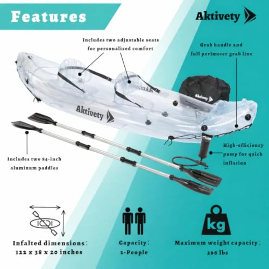 Clear Kayak Transparent 2-Seater Inflatable Tandem for Two Adults See-Through Style Complete Set with Adjustable Seats Pump Pad