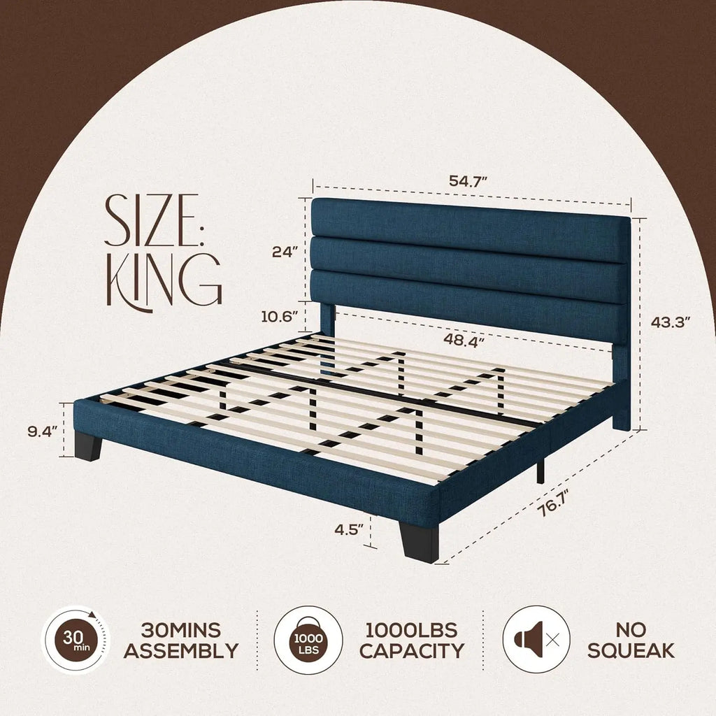 King Upholstered Platform Bed Frame with Linen Headboard & Wooden Slats Heavy Duty No Box Spring Easy Assembly, Customized