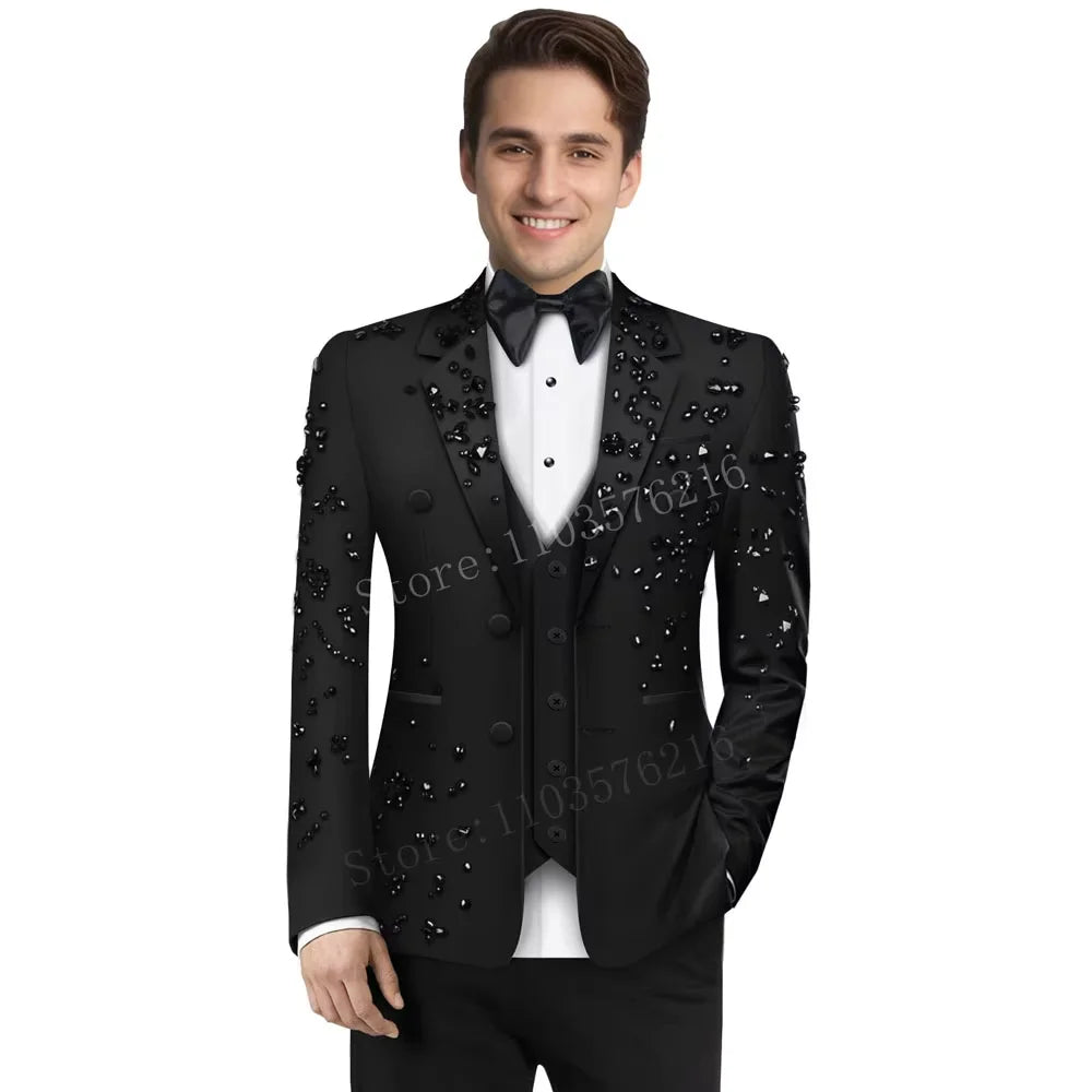 Upscale Men's Black Suits 2 Pieces Tailored Made Beaded Crystals single breasted Slim Fit Suits Wedding Groom Business Prom