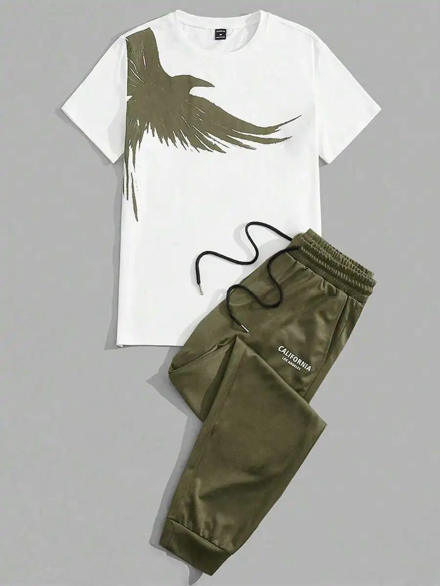 Men's 2-Piece Casual Set: White Short Sleeve Tee with Bird Graphic + Olive Drawstring Joggers