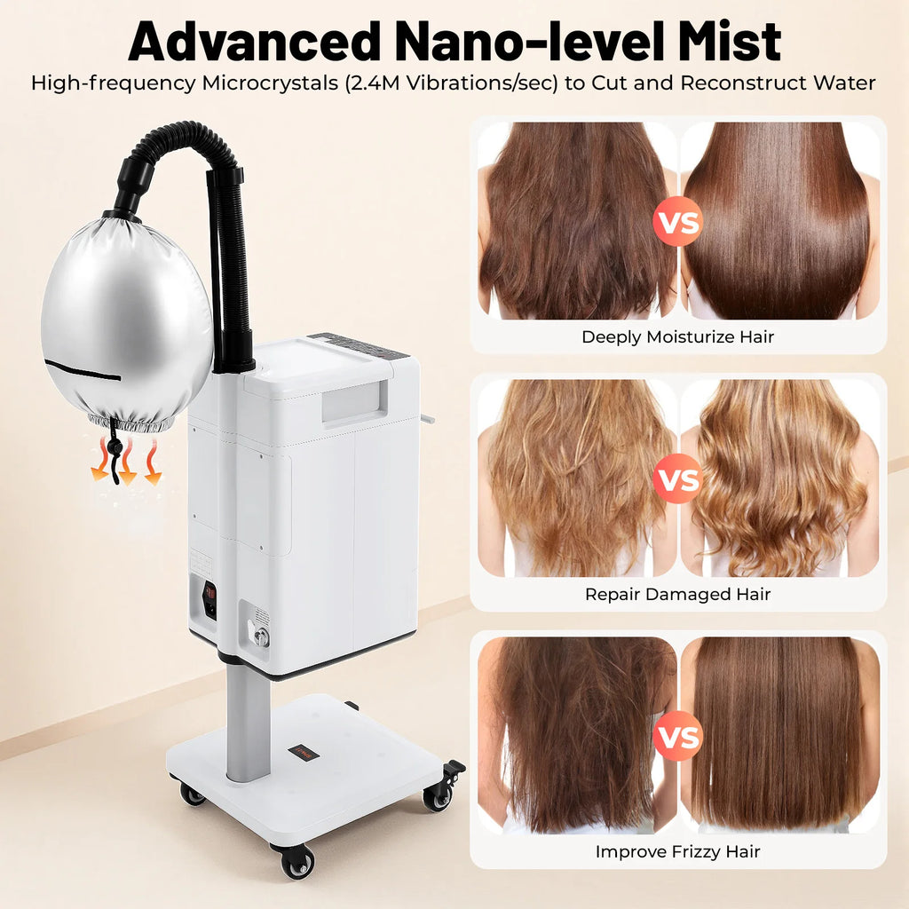 White Mobile Nano Steam Hair Dye Perm Machine Anion Vapor Hair Steamer 110V US Plug With Universal Wheels