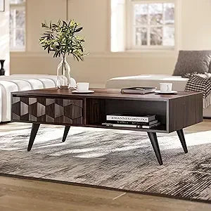 BestsellerSolid Wood Coffee Table, 2 Drawers & Open Shelves, Mid Century Modern Center Table, 110 cm, Teak Brown, Pre-Assembled