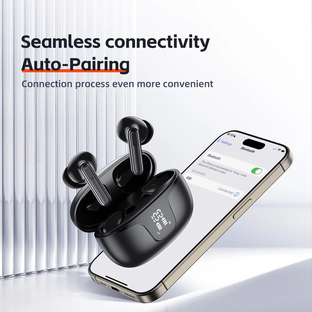 QERE E60 Fones De Ouvido Sem Fio, TWS Bluetooth 5.3, Microfone HD, Fones De Ouvido HIFI, 13mm Driver,60ms Baixa Latência, 4 Micr