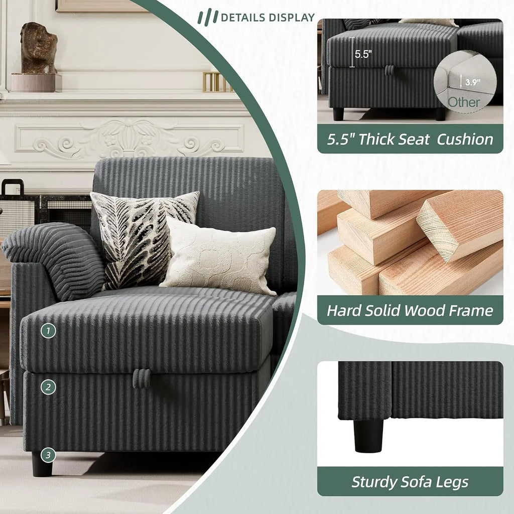 79" Convertible Sectional Sofa L Shape Storage Ottoman Side Pocket Small Living Room Apartment Grey Customized