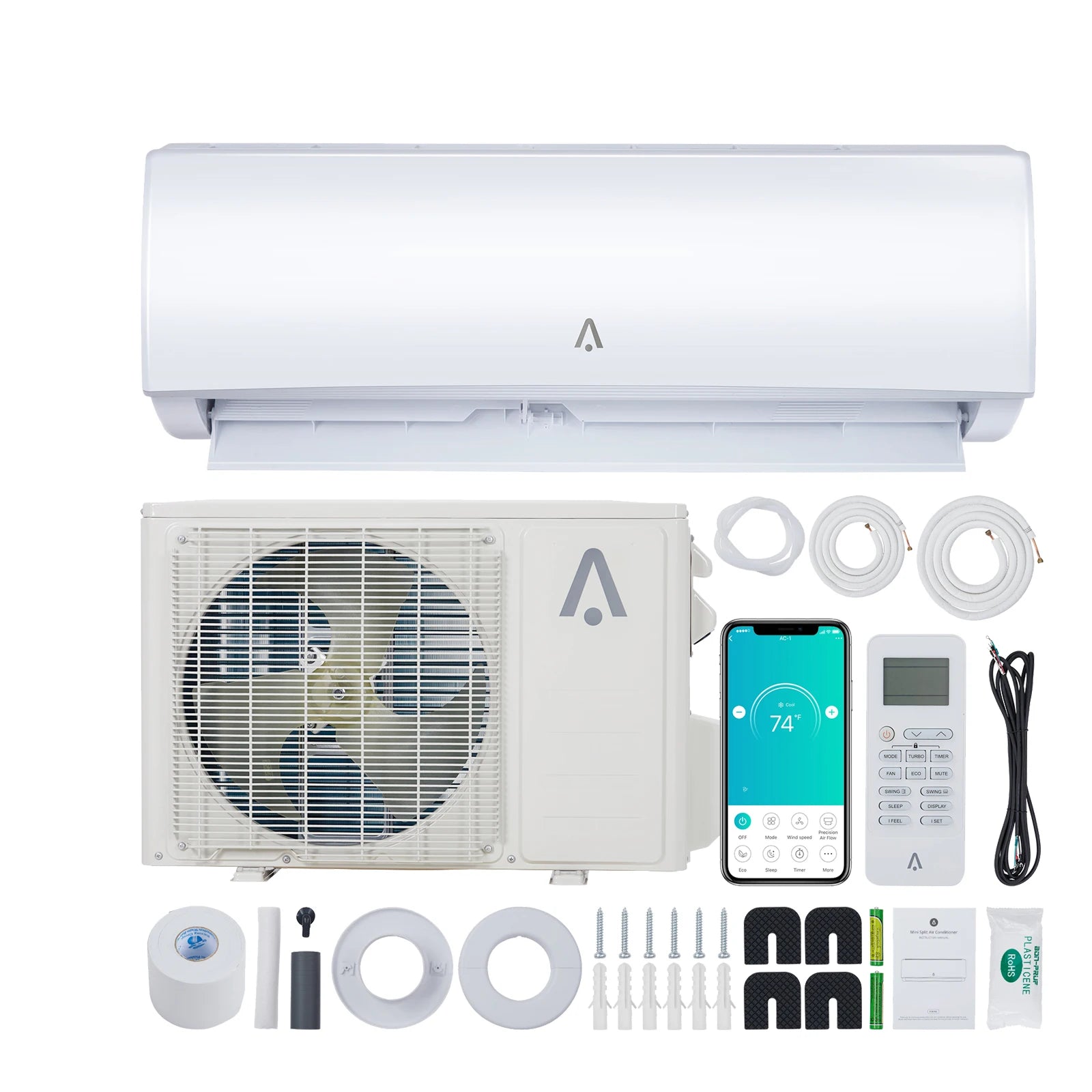 9000 BTU Mini Split Air Conditioner Heat Pump System, WiFi Enabled 20 Seer2 208V/230V Ductless Cooling up to 450 S q. Ft,Kit
