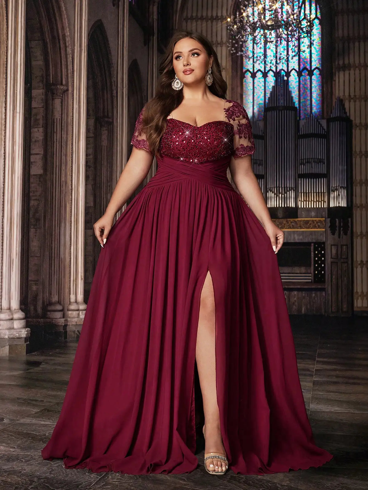 Plus Size Women Solid Green Sequined Applique Short Sleeve Floor Length Gown Dress