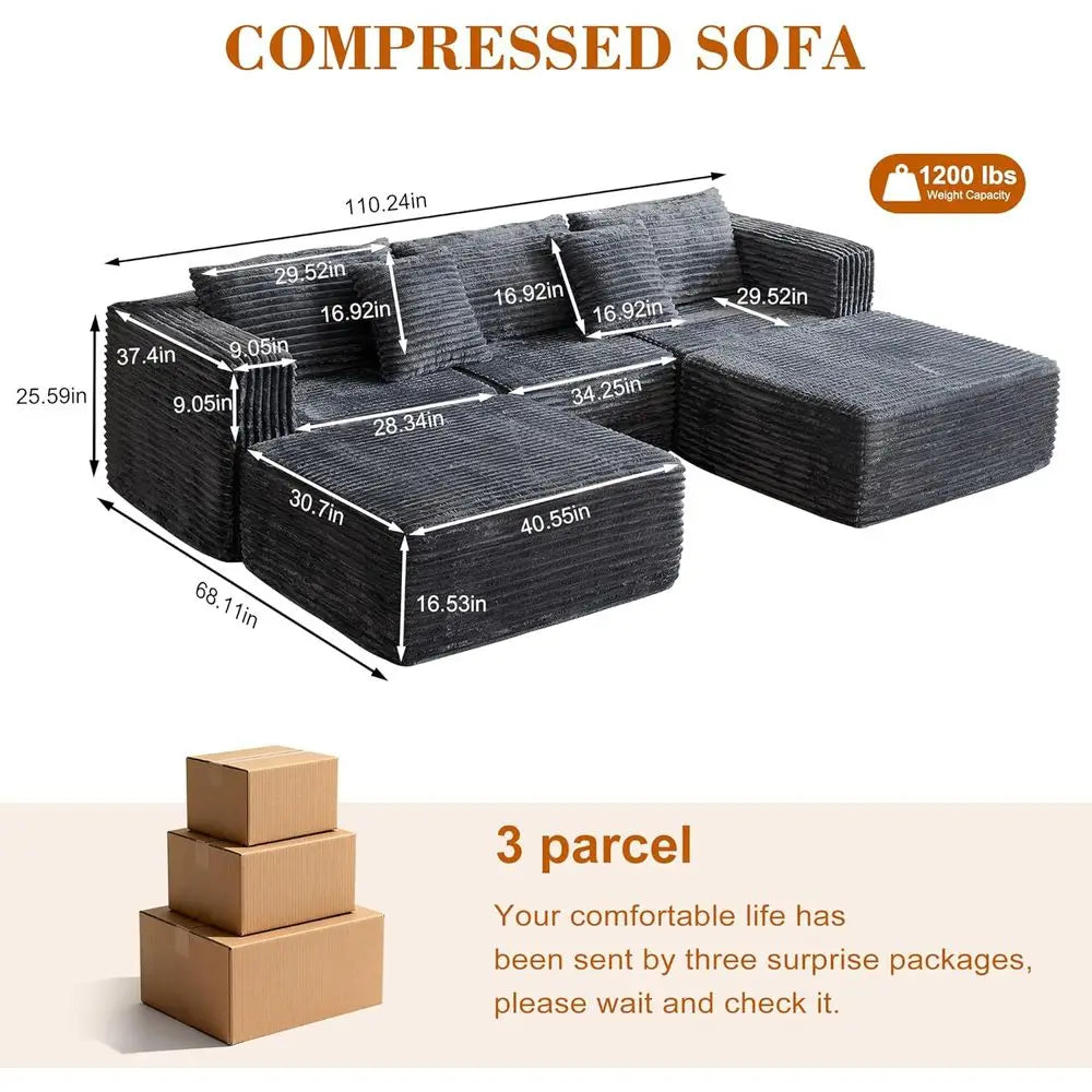 Gray 110 Corduroy Sectional Sofa with 2 Ottomans, Convertible Cloud Couch, Deep Seating, Memory Foam Living Room Furniture, No A