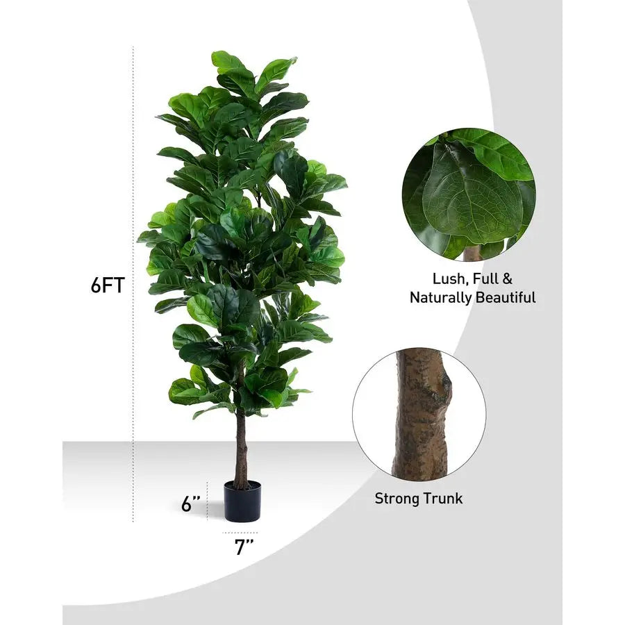 Leaf Fig Tree 6ft Tall Artificial Tree in Plastic Pot Fake Ficus Lyrata Plants with 184 Decorative Fiddle Leaves Faux Fig Trees