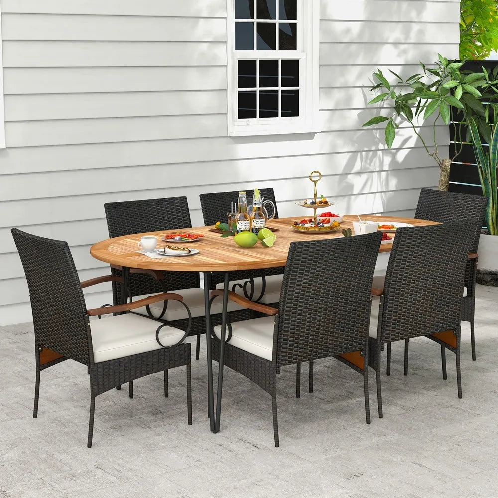 9 PCS Acacia Wood Table & 8 Patio Wicker Armchairs Patio Rattan Dining Set