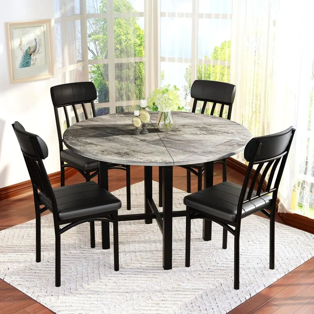 Round Dining Table Set for 4, Wood Circle Kitchen Table and Chairs Set for 4, Modern Dining Room Sets with 4 Faux Leather Chairs