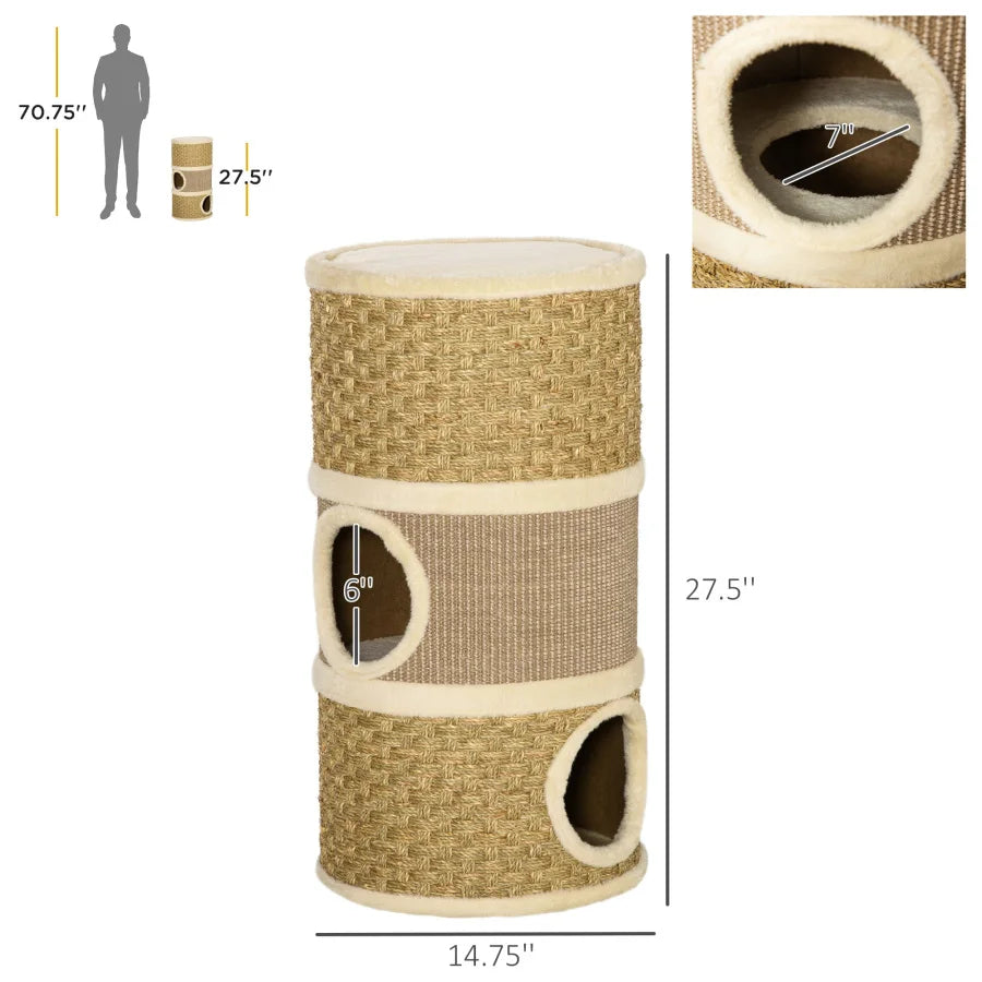 PawHut 28 Inch Cat Condo 3 Story Cat Hideaway with Sisal Scratching Pad Barrel Shaped Small Cat Tree for Indoor Cats Khaki and