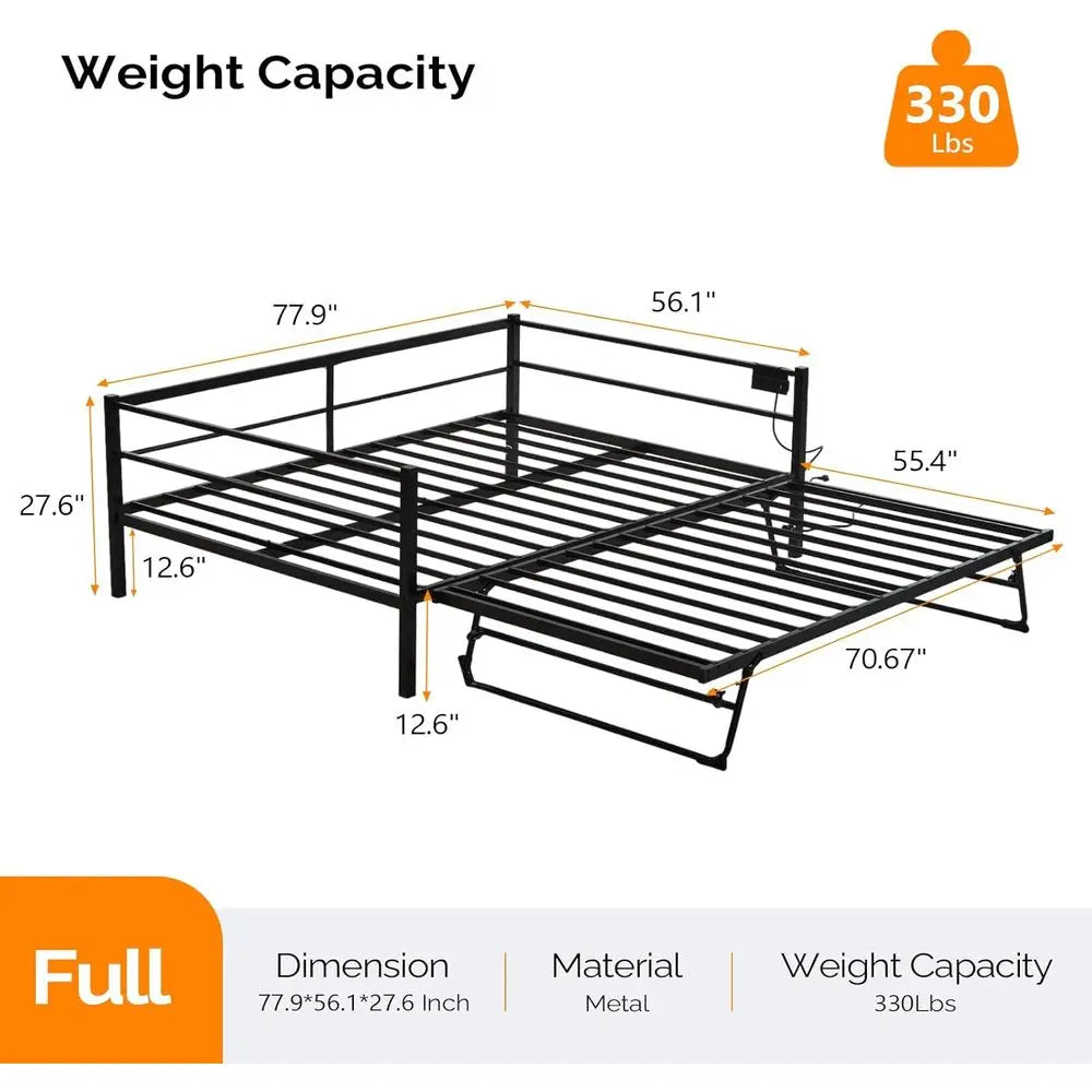 Metal Daybed with Up Trundle Bed Twin, Sofa Daybed with Charging Station, LED Lights, Heavy Duty Steel Slats, Pull Out Trundle,
