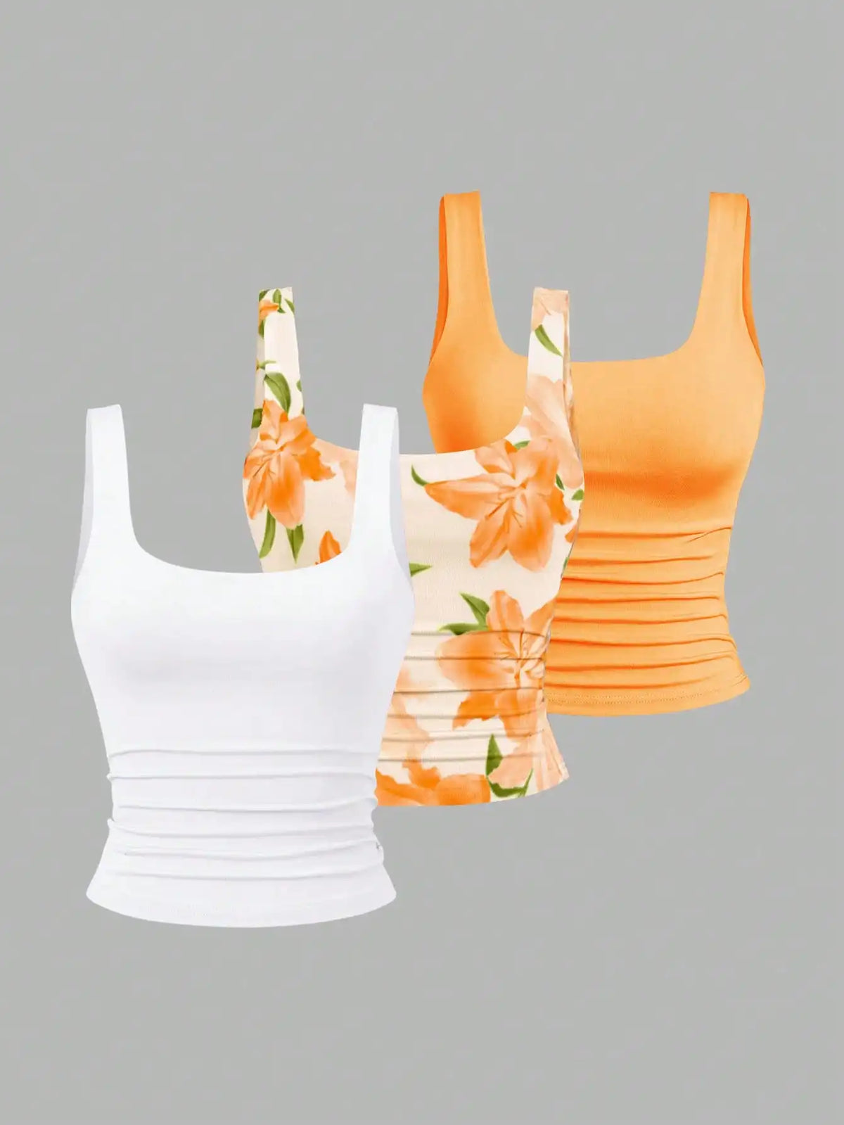 Women's Ruched Square Neck Tank Top Set, Casual Summer Floral & Solid Colors