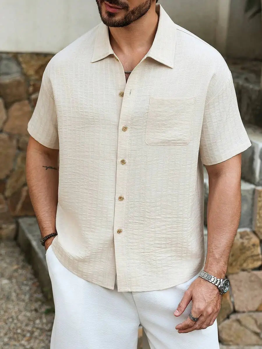 Men's Yellow Eyelet Lacework Short Sleeve Button-Down Casual Shirt