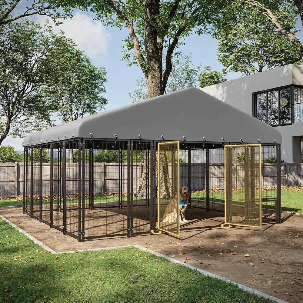 Large Outdoor Dog Kennel - 10x10 Heavy Duty Galvanized Steel Enclosure with Roof & Double Lock