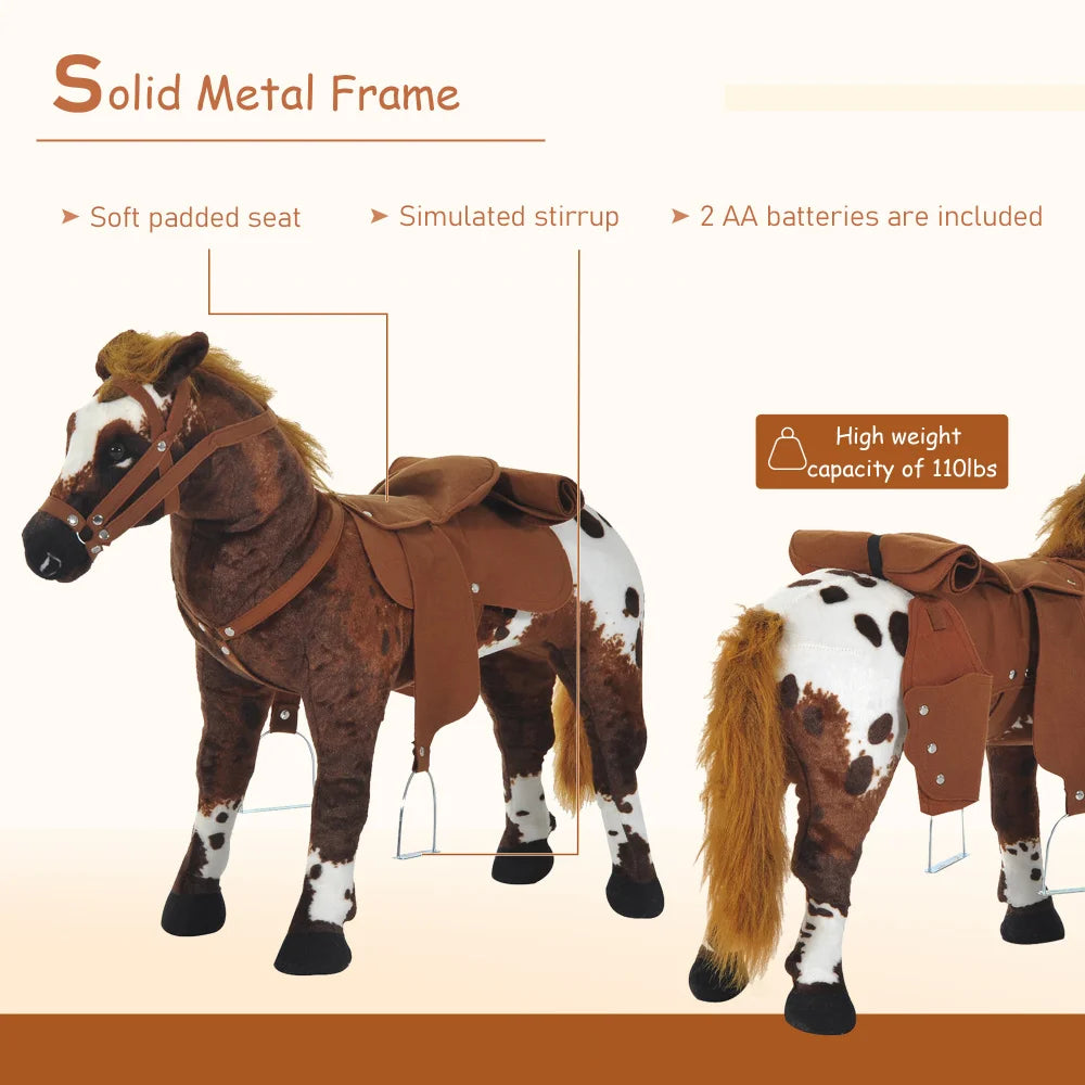 Qaba Sound Stuffed Horse Ride-On for Toddlers3-5: Neigh/Gallop, Padding, Soft Feel, Brown