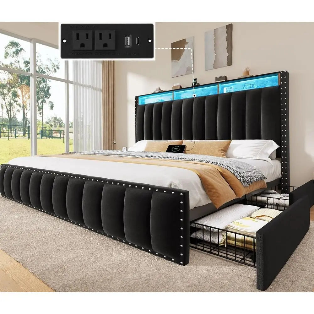 King Size Bed e with 4 Storage Ders and RGB LED Lights, Velvet Upholstered Platorm Bed with Charging Station and Bookcase Storag