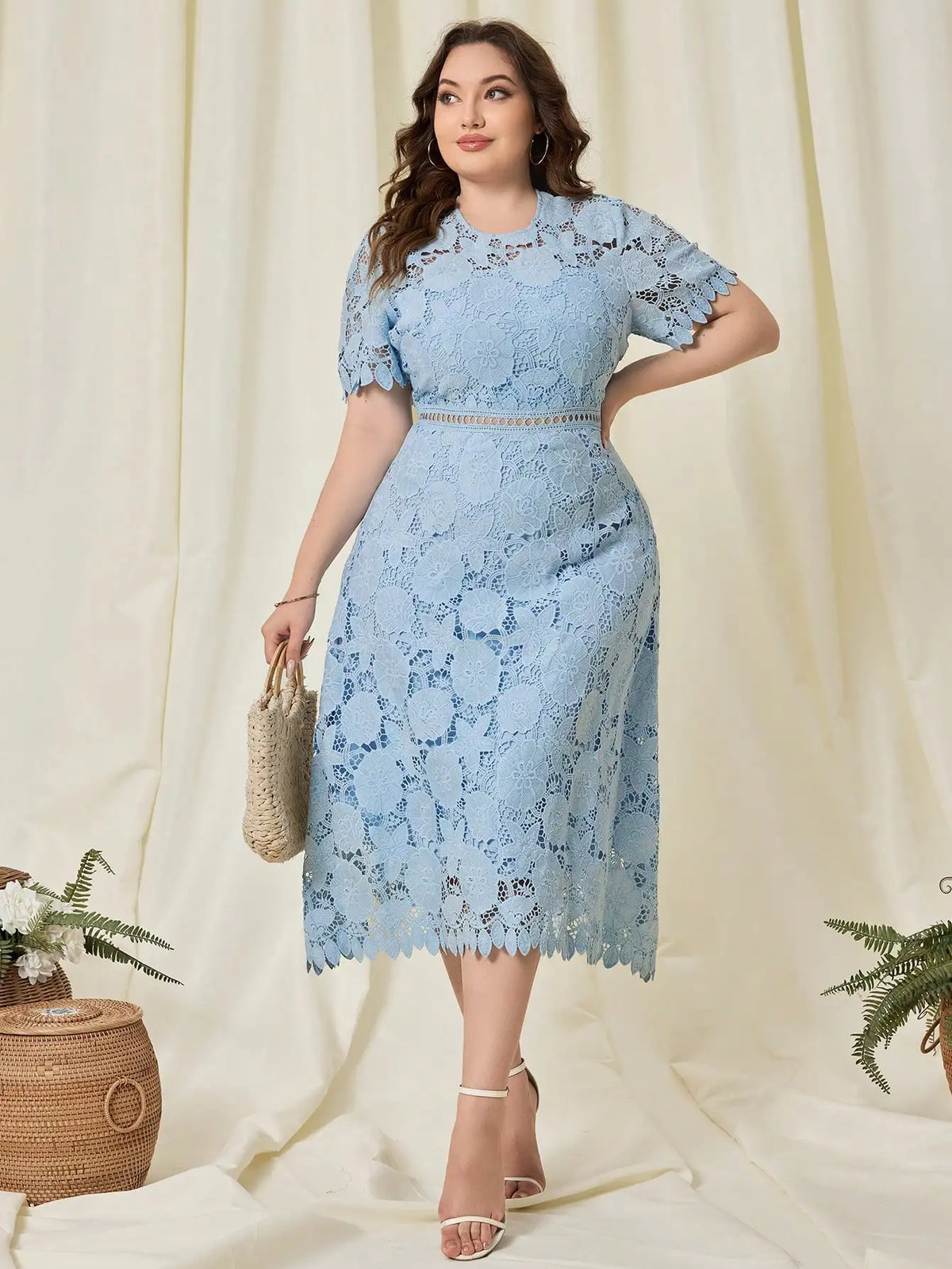 Plus Size Elegant Lace Waist Cinched Midi Dress For Summer Wedding Guest