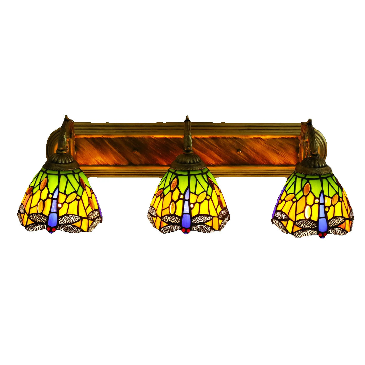 3-light Dragonfly Patterns Wall Lamp with 3 Standard E27 Lamp Holders and Colorful Glass Lampshades for Living Rooms, Cafes