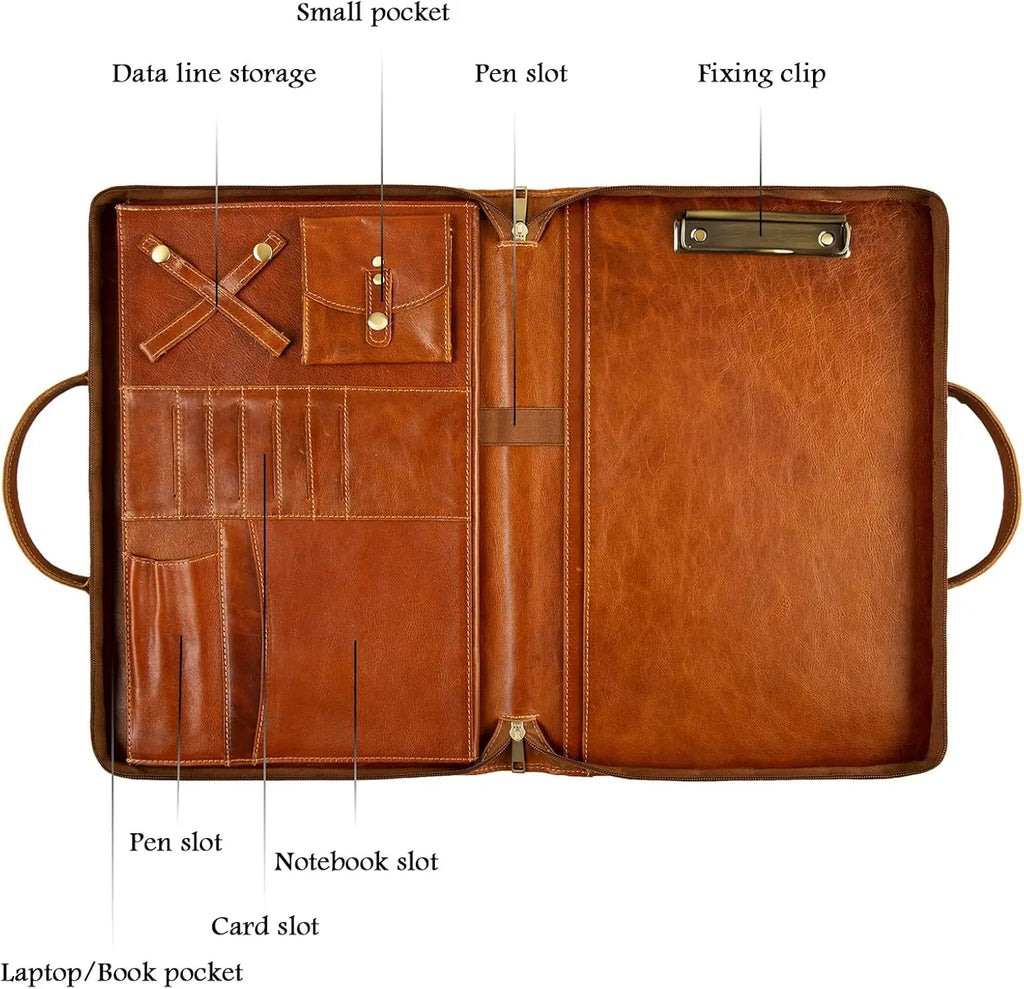 Oil Wax Leather Portfolio Organizer with Handle, Personalized Padfolio for Men Women, Fits 15-inch Laptop and Legal Pad