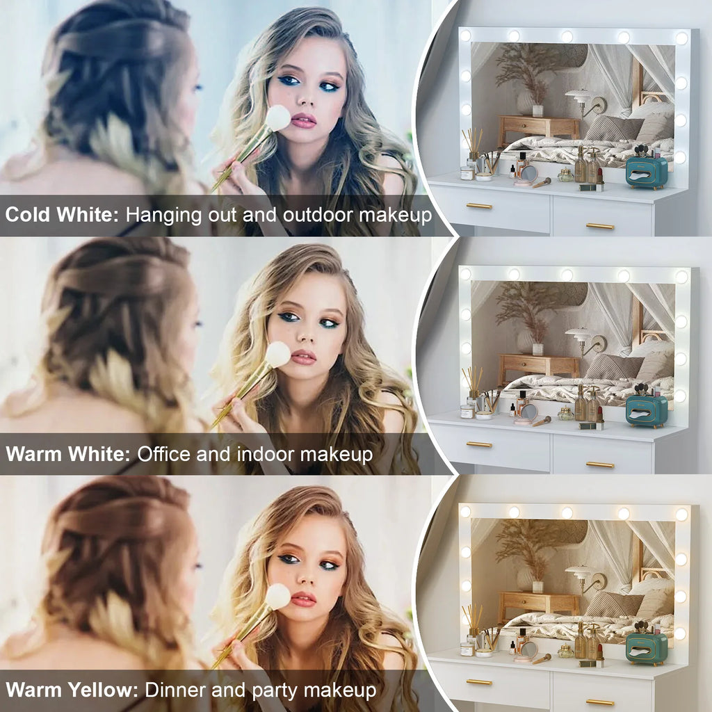White Dressing Table with Large Hollywood Mirror 11 LED Bulbs Makeup Desk Vanity