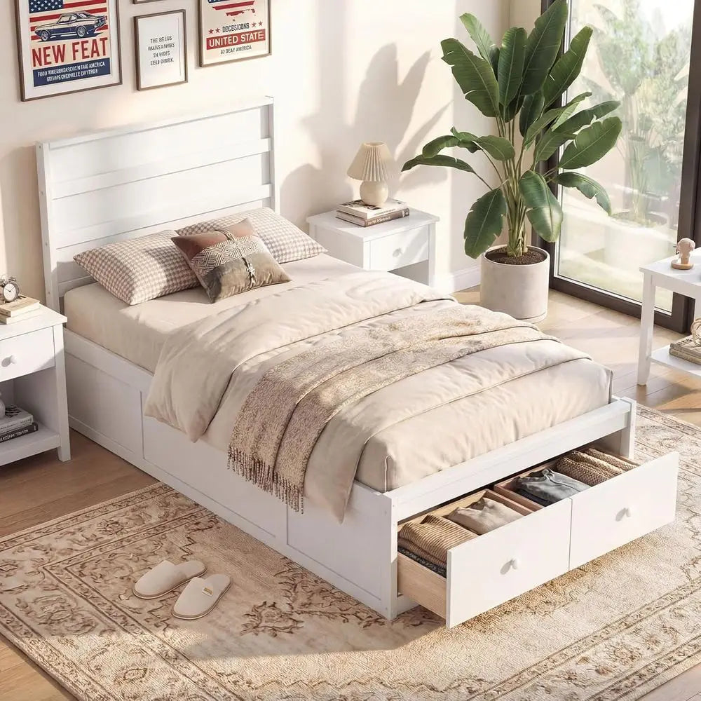White Twin Bed with Storage Drawers, Wooden Platform Design, Solid Mattress Support and Enclosed Base, No Box Spring Required