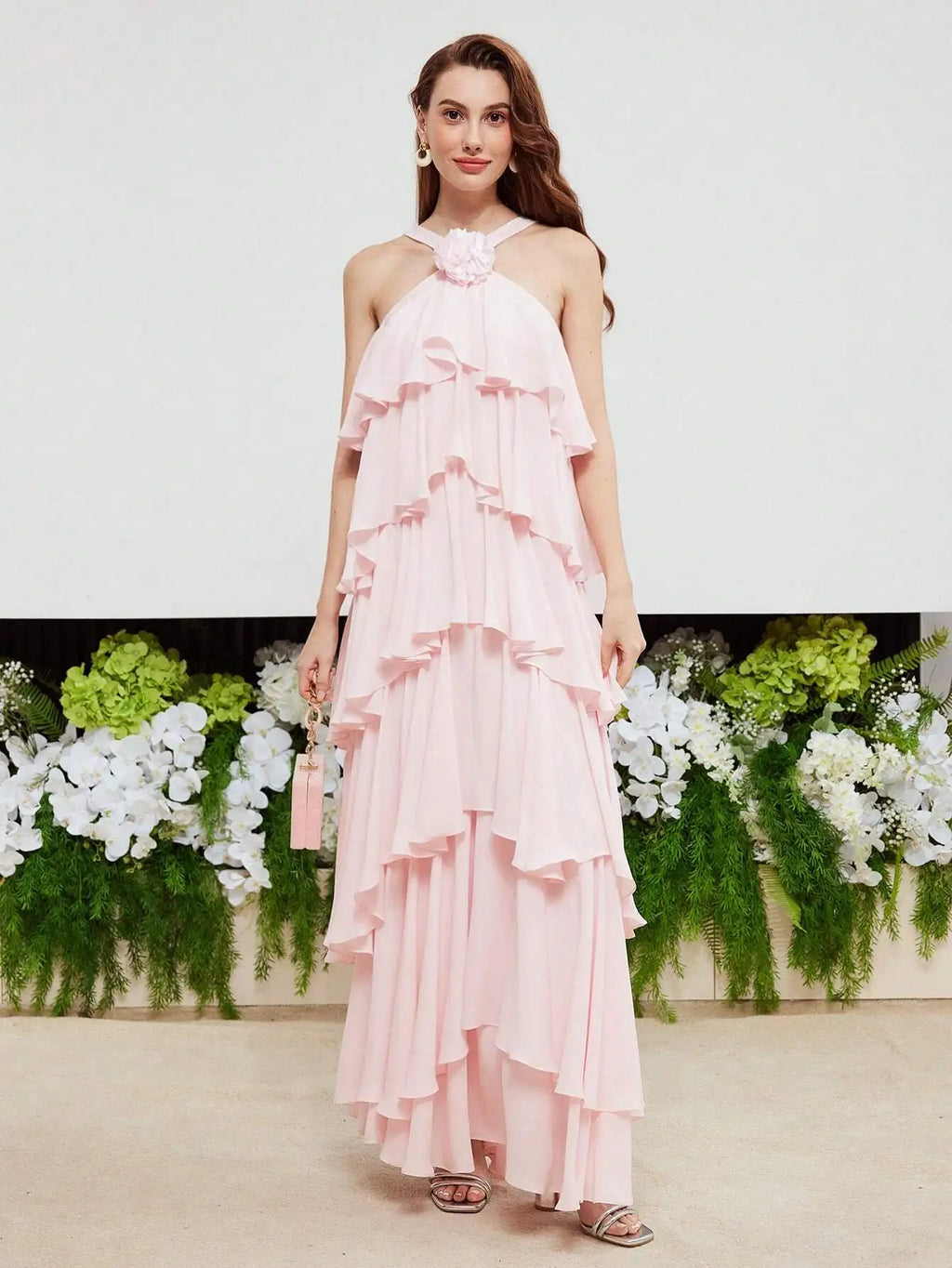 Pink Halter Neck Layered Ruffle Floral Detail Evening Dress
