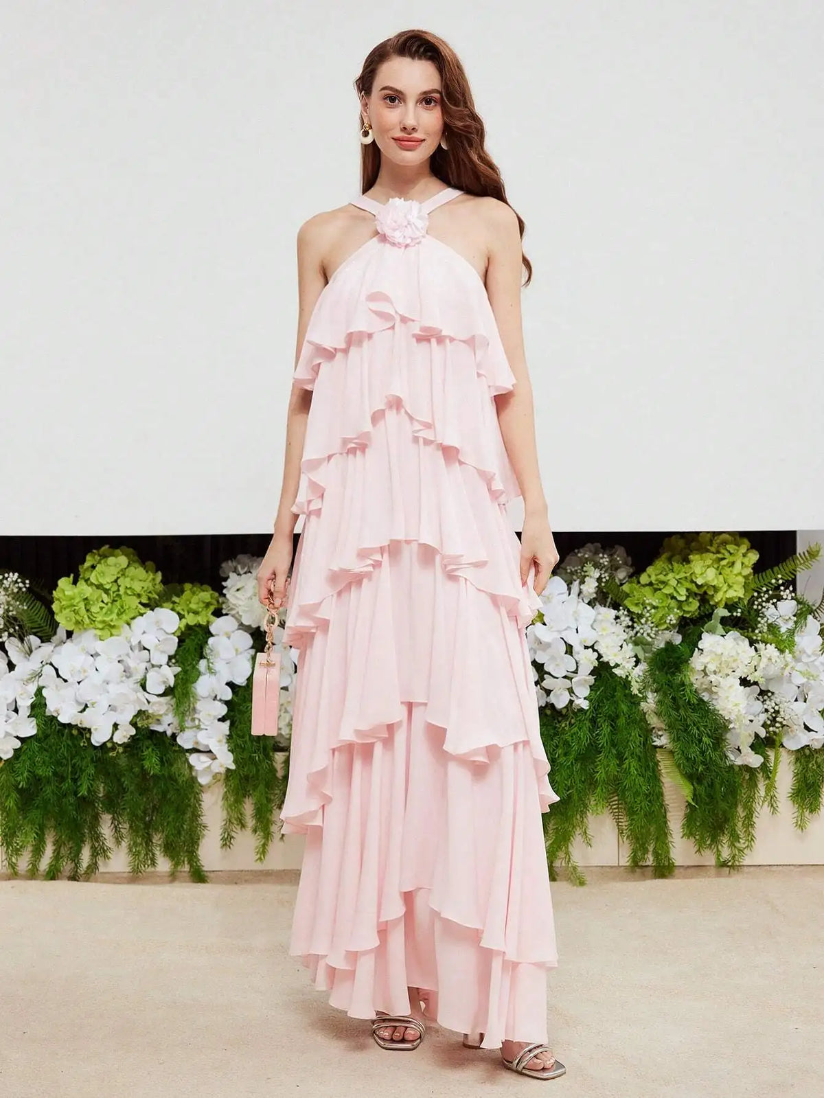 Pink Halter Neck Layered Ruffle Floral Detail Evening Dress