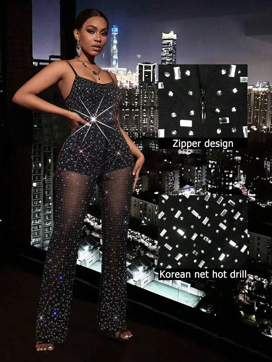 Shiny Rhinestone Mesh Sleeveless Jumpsuit For Women