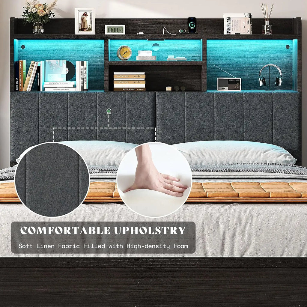 King Platform Bed Frame with Bookcase Headboard 51" Storage Drawers USB Charging Station Linen Upholstered Rustic Black, Customi