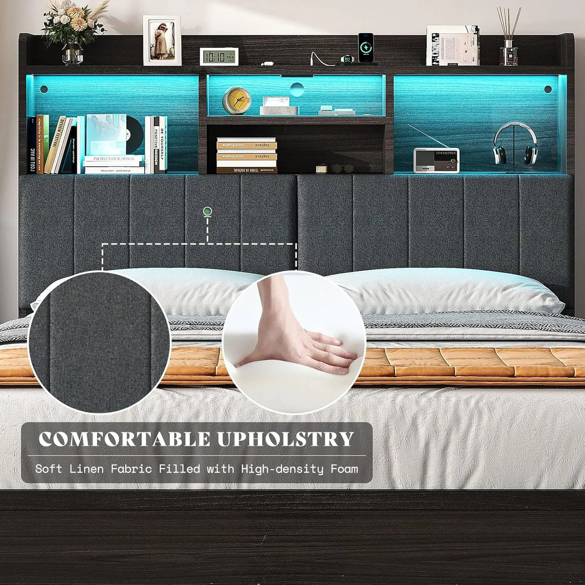 King Platform Bed Frame with Bookcase Headboard 51" Storage Drawers USB Charging Station Linen Upholstered Rustic Black, Customi