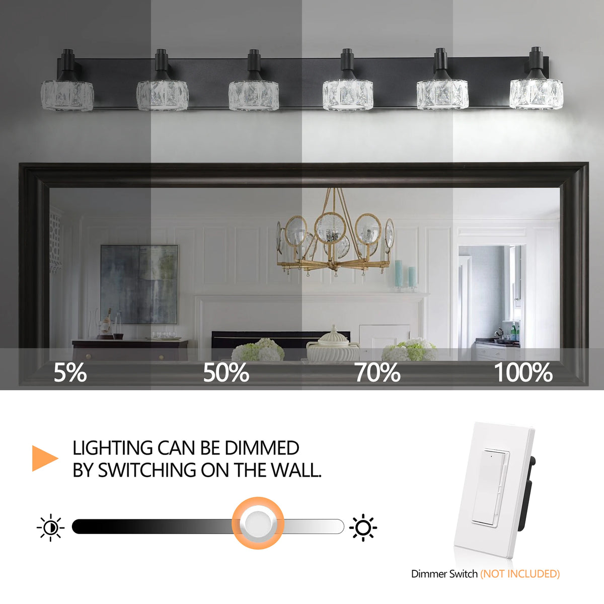 Modern LED Vanity Light 6-Light Matte Black Fixture with Crystal Glass Shades, Bathroom Wall Sconce for  Contemporary Home Decor