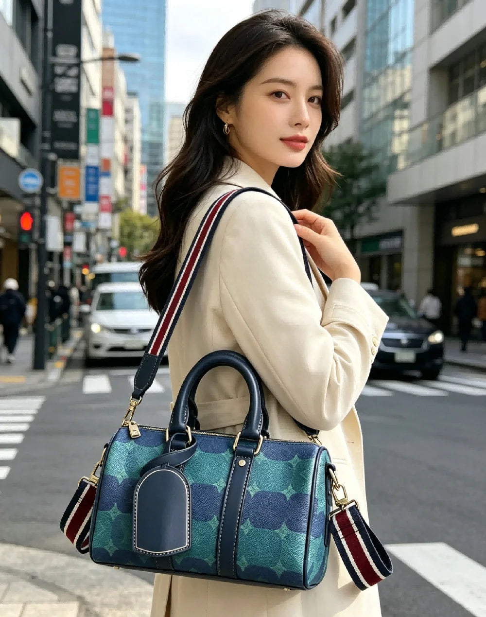 Women Blue Green Plaid Boston Shoulder Bag, Vintage Style Top Handle Handbag Crossbody Purse for Daily and Weekend
