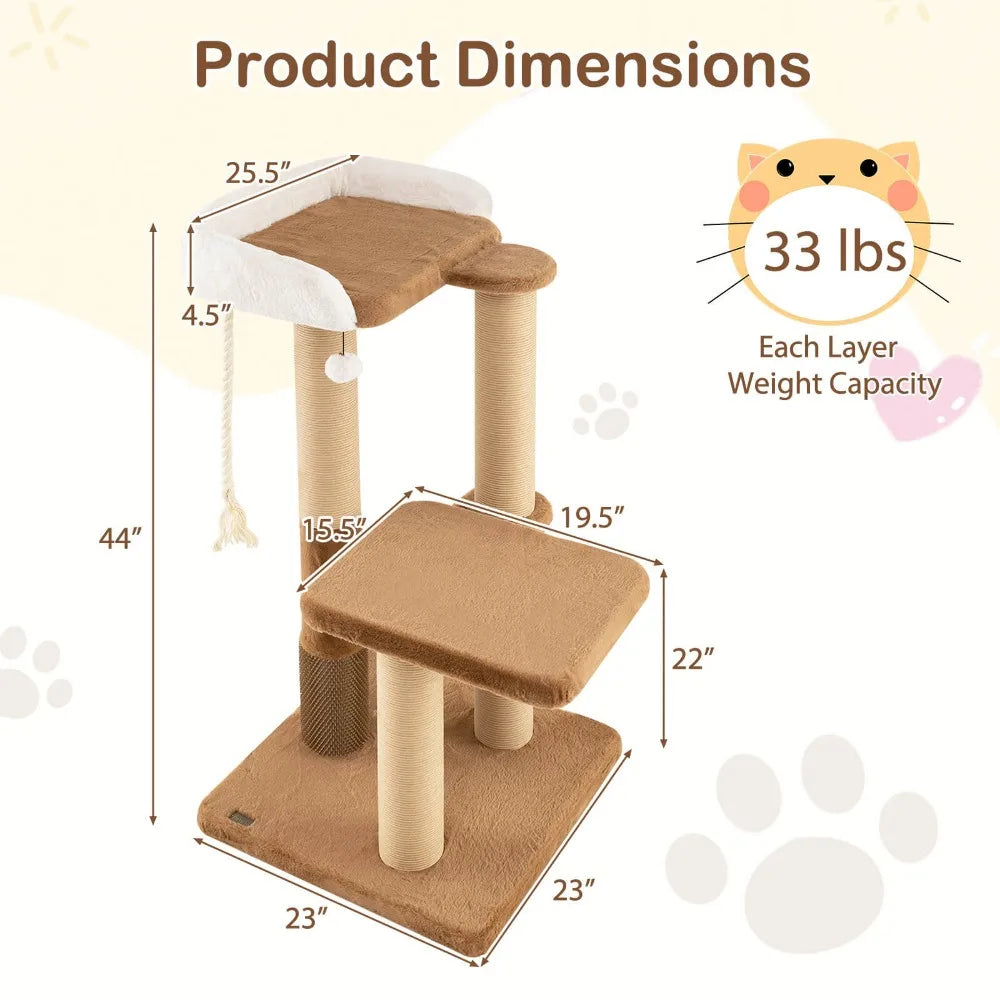 44" Cat Tree for Indoor w/Plush Padded Perch Scratching Posts Jumping Platform