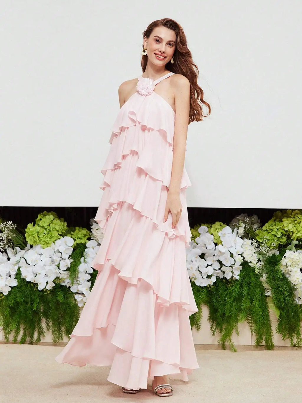 Pink Halter Neck Layered Ruffle Floral Detail Evening Dress