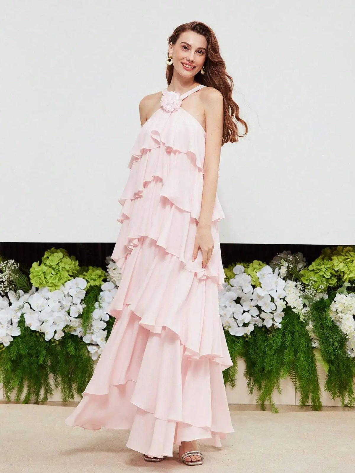 Pink Halter Neck Layered Ruffle Floral Detail Evening Dress