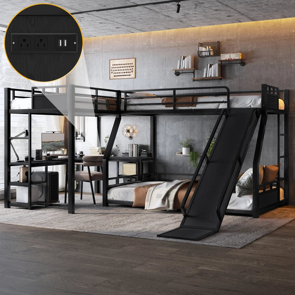 L-Shaped Metal Bunk Bed (Top bed: twin, bottom bed: full ) with Single Loft Bed, Desk, Metal Triple Bunk Bed with Slide,Black