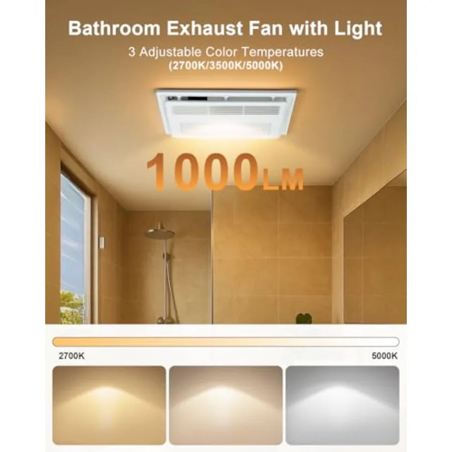 4 in 1 Bathroom Exhaust Fan with Heater and Light 110 CFM 1.5 Sones 35W White Bath Fan with 3-Color Adjustable LED Lights Remot
