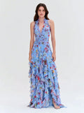 Elegant Floral Halter Neck Long Dress With Ruffle Hem And Slit For Women