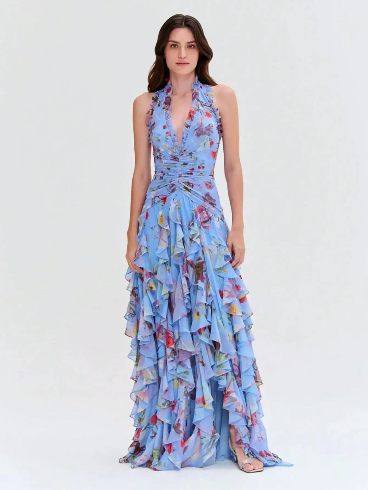 Elegant Floral Halter Neck Long Dress With Ruffle Hem And Slit For Women