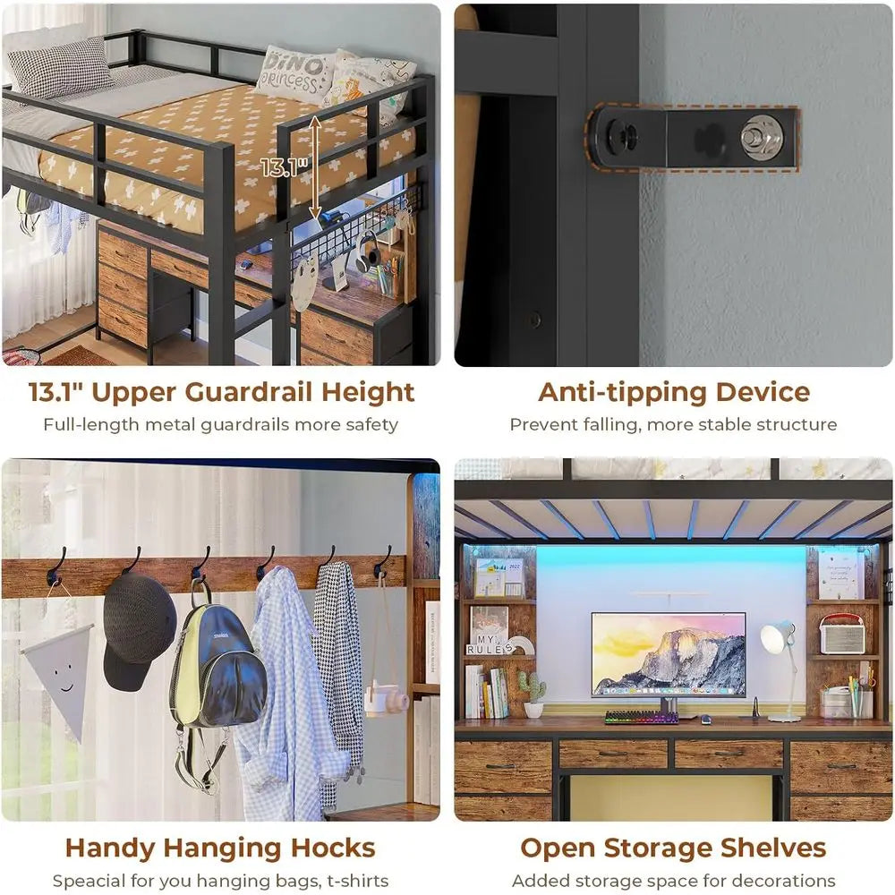 Twin Metal Loft Bed with Desk, 8 Drawer Storage, Charging Station, LED Lights, 4 Open Shelves, Noise-Free, Space-Efficient, No B