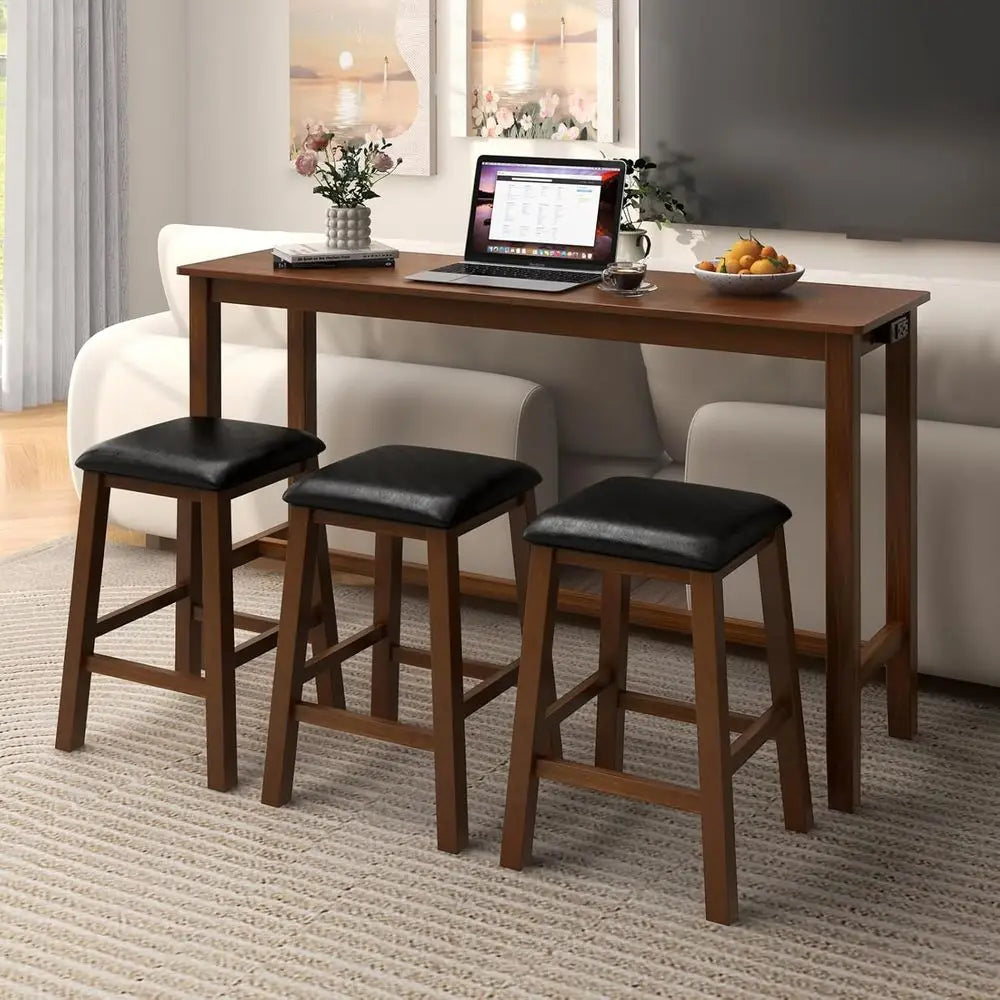 4-Piece Bar Table Set with Power Outlet, Counter Height Pub Table with 3 PVC Leather Padded Stools, Rustic Kitchen & Dining Room