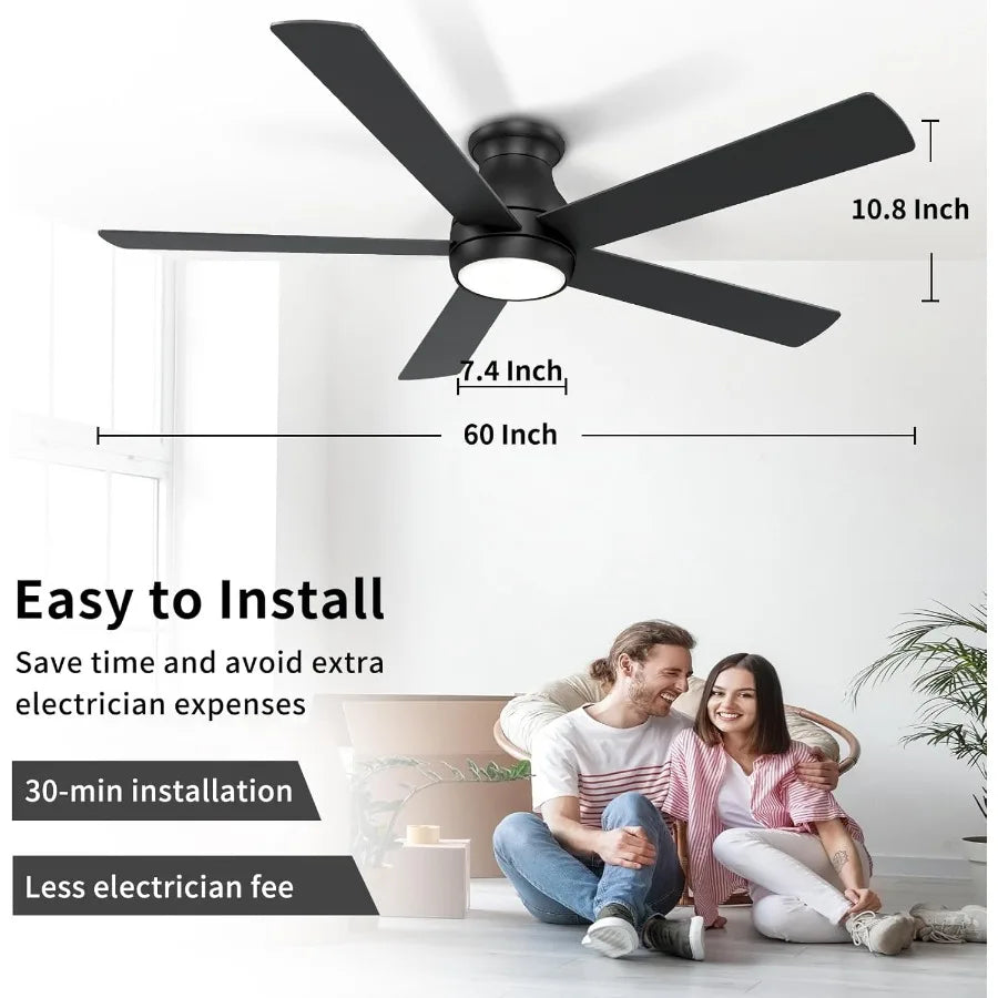 60 Inch Black Ceiling Fans with Lights and Remote LED Low Profile Flush Mount Ceiling Fan for Bedroom Living Room Quiet DC Moto