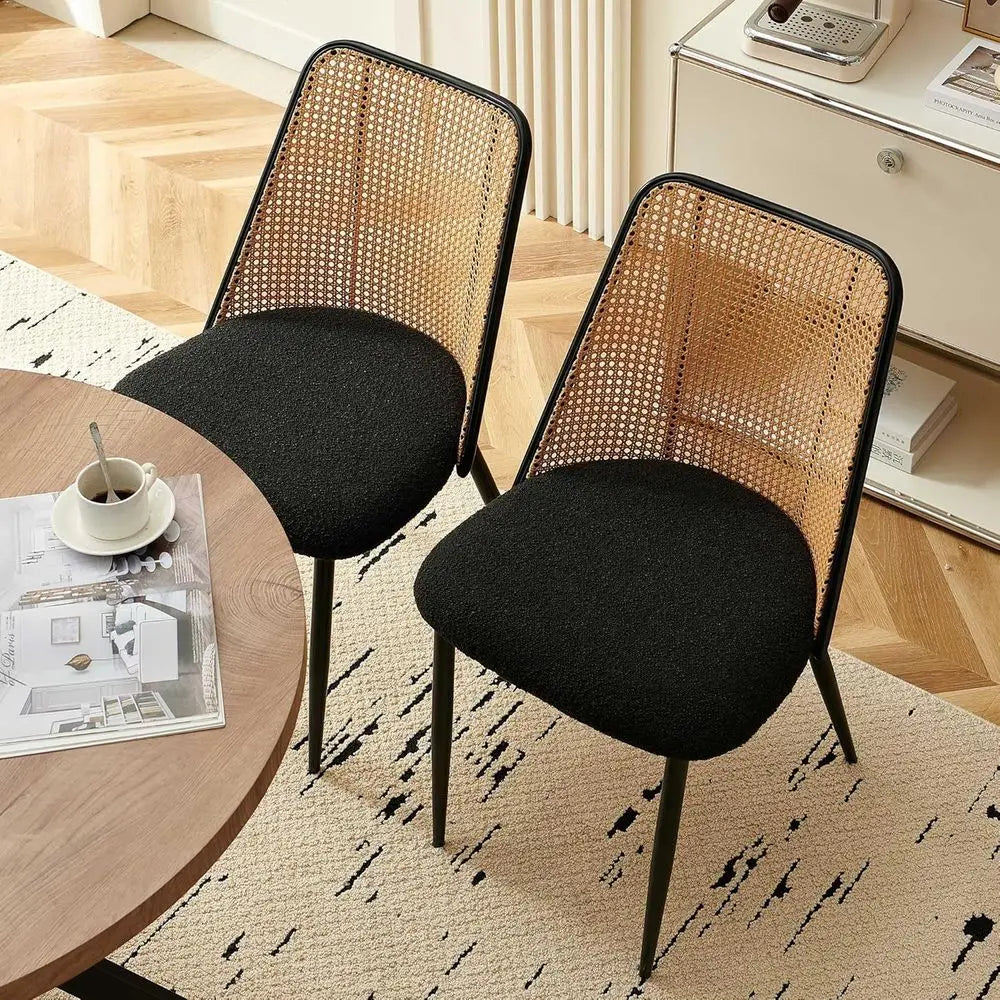 Black Upholstered Dining Chairs Set of 4, Woven Cane Accent Chairs for Kitchen and Dining Rooms, Suitable for Restaurants
