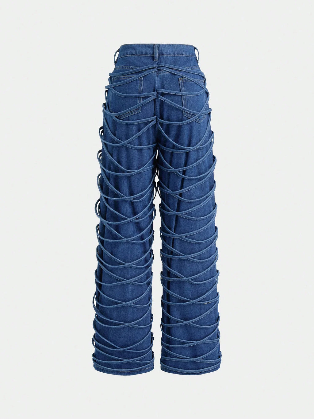 High Waisted Strappy Criss Cross Denim Jeans Medium Wash Stretch Straight Leg For Women