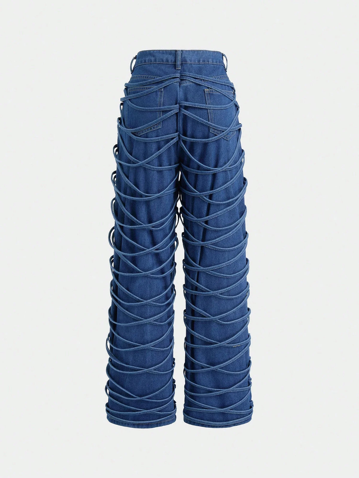 High Waisted Strappy Criss Cross Denim Jeans Medium Wash Stretch Straight Leg For Women