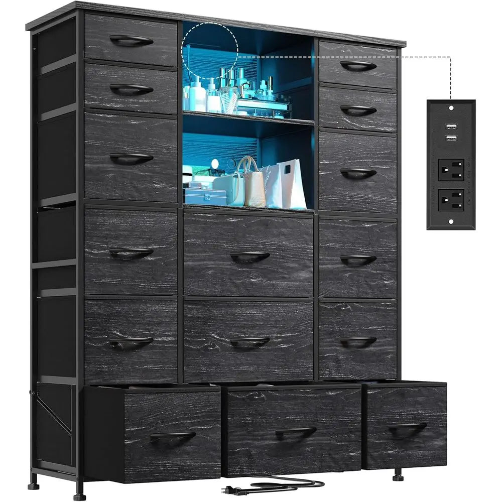51 High Bedroom Dresser with 15 Drawers or Bedroom with Charging Station & LED Lights & Hutch Sturdy Black Bedroom Dressers, Ste