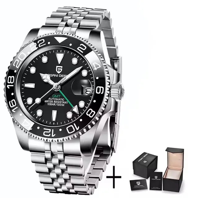 PAGANI DESIGN 40MM Men Mechanical Automatic Watch Left Crown GMT Sapphire Glass Ceramic Bezel Silver Jubilee Strap Watch for men
